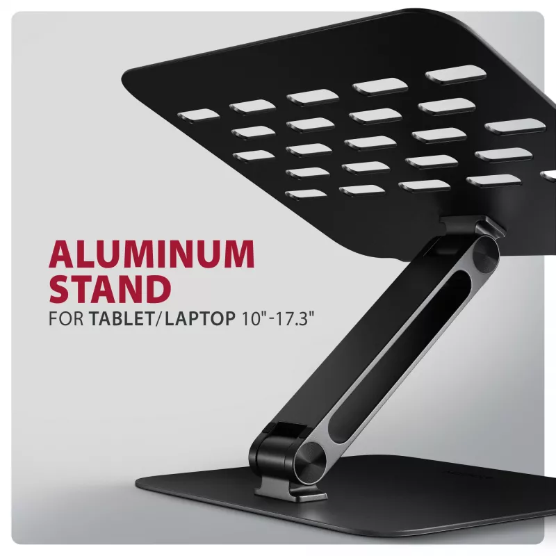 Laptop- & Tablet-Ständer AXAGON STND-LQB für 10 Zoll–17,3 Zoll, Aluminium, schwarz, höhenverstellbar 0–20,5 cm und neigbar 0–180°