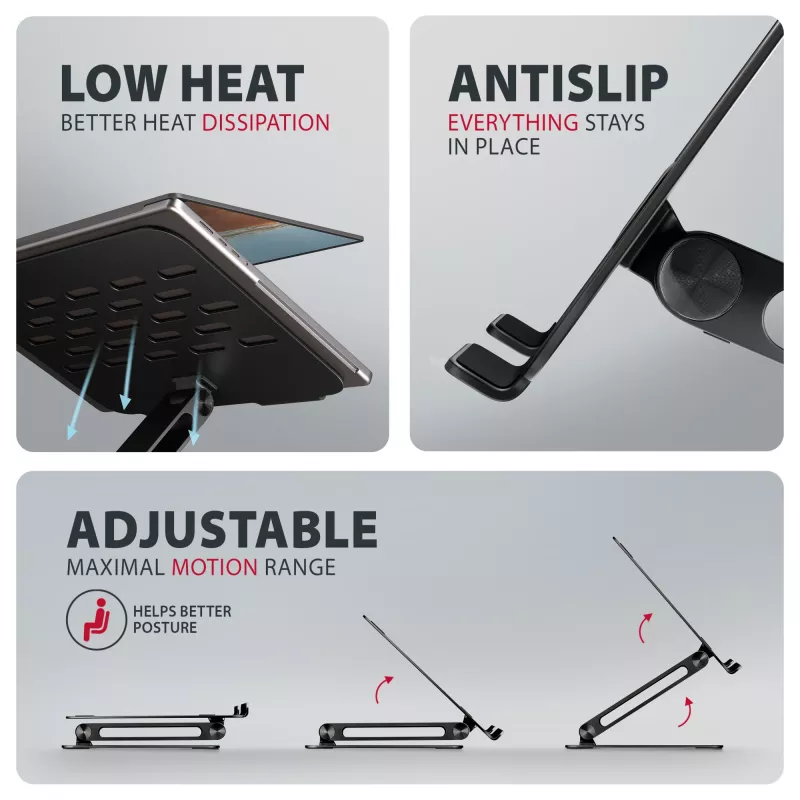 Laptop- & Tablet-Ständer AXAGON STND-LQB für 10 Zoll–17,3 Zoll, Aluminium, schwarz, höhenverstellbar 0–20,5 cm und neigbar 0–180°