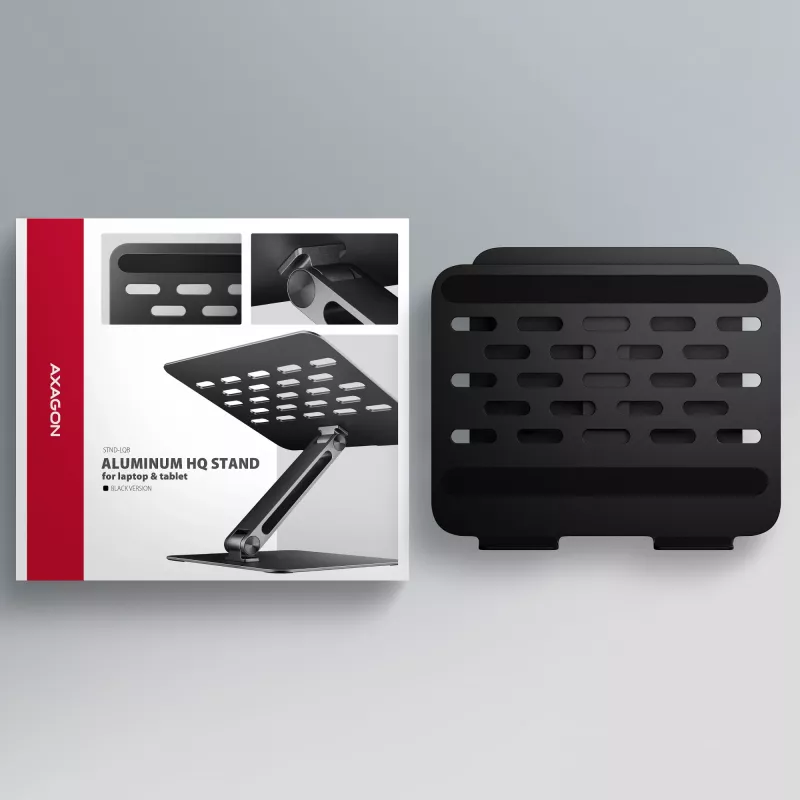 Laptop- & Tablet-Ständer AXAGON STND-LQB für 10 Zoll–17,3 Zoll, Aluminium, schwarz, höhenverstellbar 0–20,5 cm und neigbar 0–180°