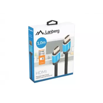 HDMI-Kabel LANBERG CA-HDMI-P20CU-0010-BK 1 m, HDMI Typ A Stecker–Stecker, HDMI 2.0, 18 Gbit/s, ARC, vergoldete Kontakte, Schwarz/Blau