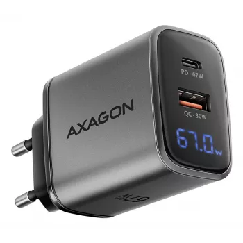 Wandladegerät AXAGON ACU-PQ67D, 67W, USB-C PD3.0 + USB-A QC4+, 2 Ausgänge, LCD-Anzeige, 100–240V