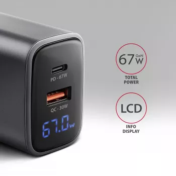 Wandladegerät AXAGON ACU-PQ67D, 67W, USB-C PD3.0 + USB-A QC4+, 2 Ausgänge, LCD-Anzeige, 100–240V