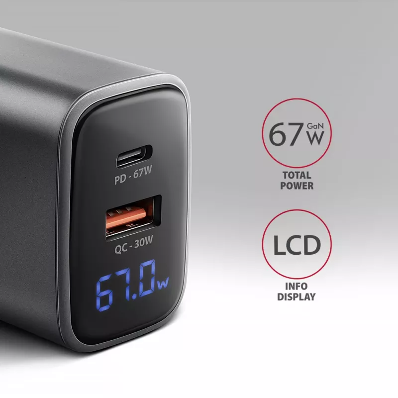 Wandladegerät AXAGON ACU-PQ67D, 67W, USB-C PD3.0 + USB-A QC4+, 2 Ausgänge, LCD-Anzeige, 100–240V