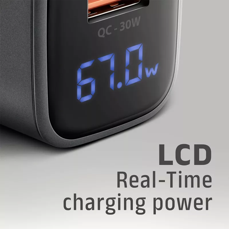 Wandladegerät AXAGON ACU-PQ67D, 67W, USB-C PD3.0 + USB-A QC4+, 2 Ausgänge, LCD-Anzeige, 100–240V