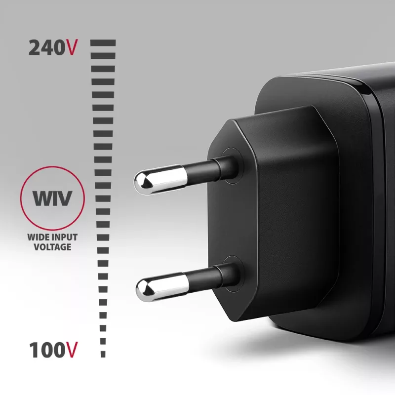 Wandladegerät AXAGON ACU-PQ67D, 67W, USB-C PD3.0 + USB-A QC4+, 2 Ausgänge, LCD-Anzeige, 100–240V