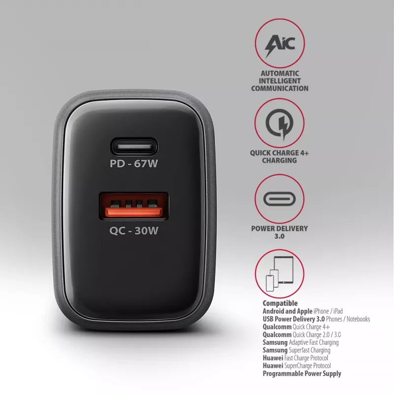 Wandladegerät AXAGON ACU-PQ67D, 67W, USB-C PD3.0 + USB-A QC4+, 2 Ausgänge, LCD-Anzeige, 100–240V