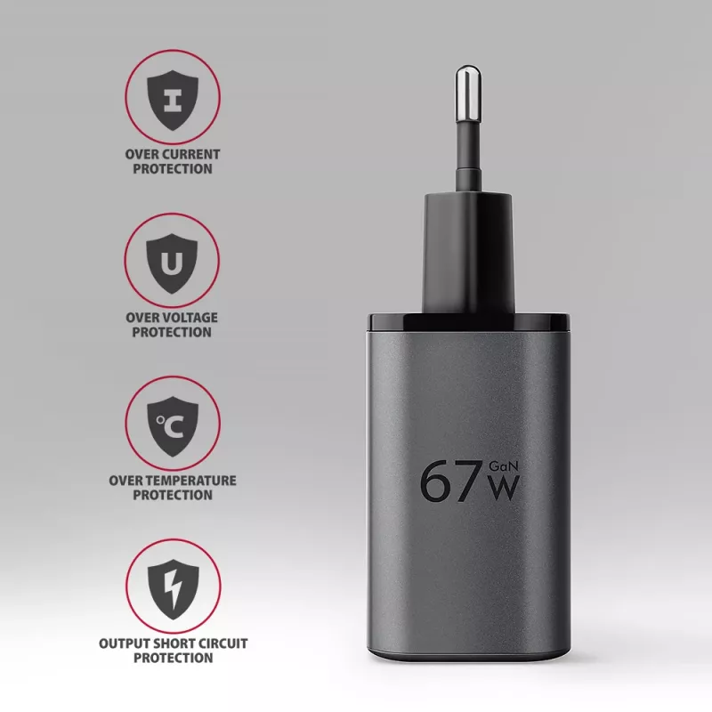 Wandladegerät AXAGON ACU-PQ67D, 67W, USB-C PD3.0 + USB-A QC4+, 2 Ausgänge, LCD-Anzeige, 100–240V