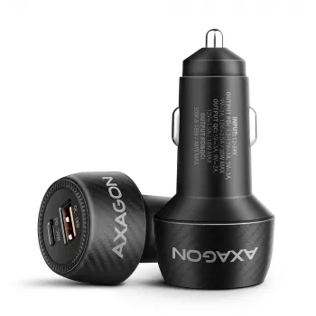 Auto-Ladegerät AXAGON PWC-PQ48, 48 W, USB-C (PD3.0) + USB-A (QC4+), Eingang 12–24 V, Schwarz
