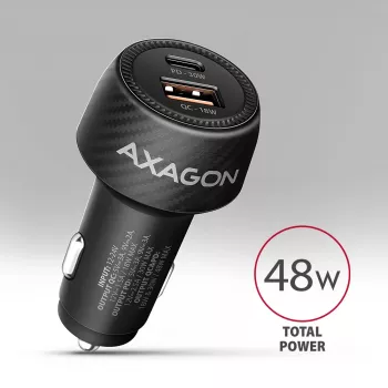 Auto-Ladegerät AXAGON PWC-PQ48, 48 W, USB-C (PD3.0) + USB-A (QC4+), Eingang 12–24 V, Schwarz