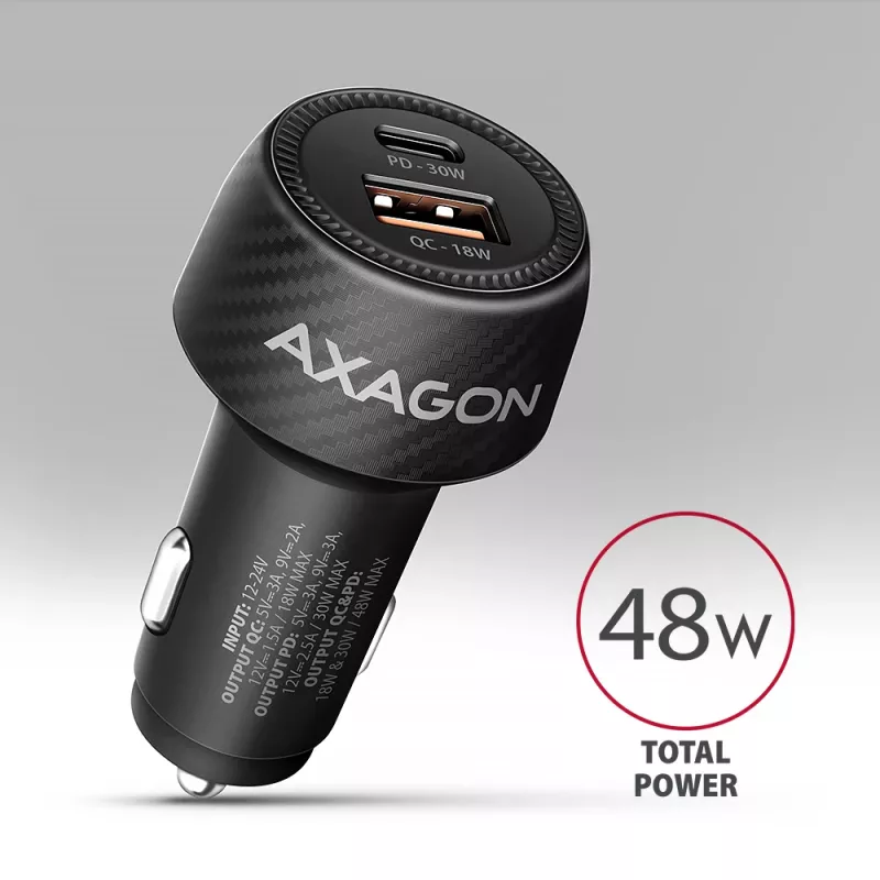 Auto-Ladegerät AXAGON PWC-PQ48, 48 W, USB-C (PD3.0) + USB-A (QC4+), Eingang 12–24 V, Schwarz