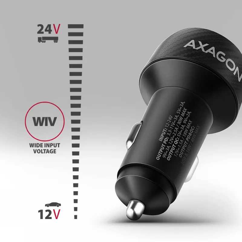 Auto-Ladegerät AXAGON PWC-PQ48, 48 W, USB-C (PD3.0) + USB-A (QC4+), Eingang 12–24 V, Schwarz
