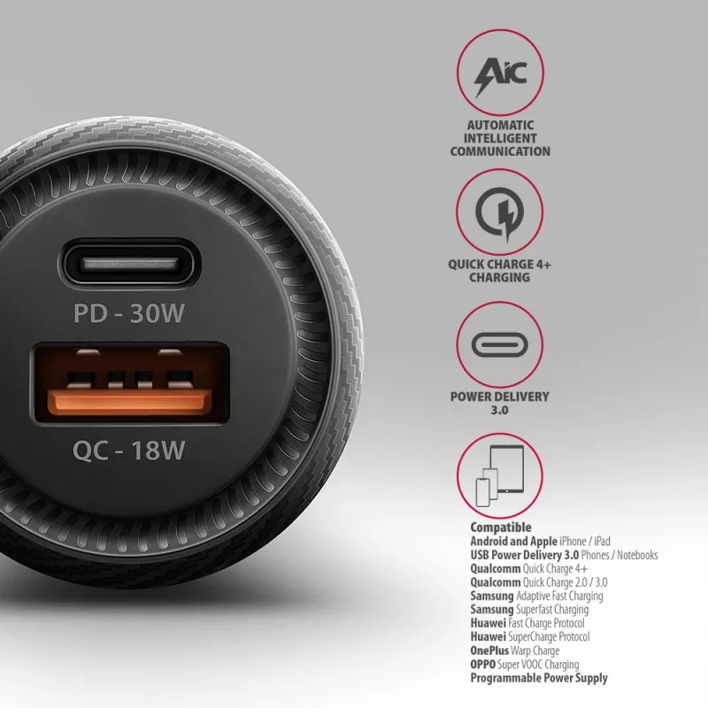Auto-Ladegerät AXAGON PWC-PQ48, 48 W, USB-C (PD3.0) + USB-A (QC4+), Eingang 12–24 V, Schwarz