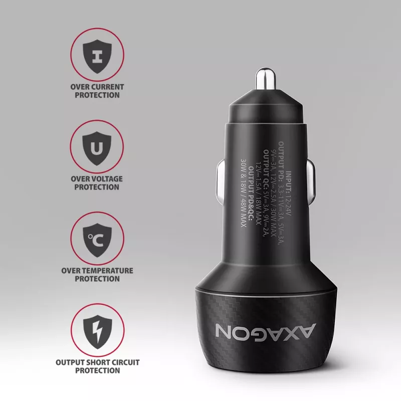 Auto-Ladegerät AXAGON PWC-PQ48, 48 W, USB-C (PD3.0) + USB-A (QC4+), Eingang 12–24 V, Schwarz