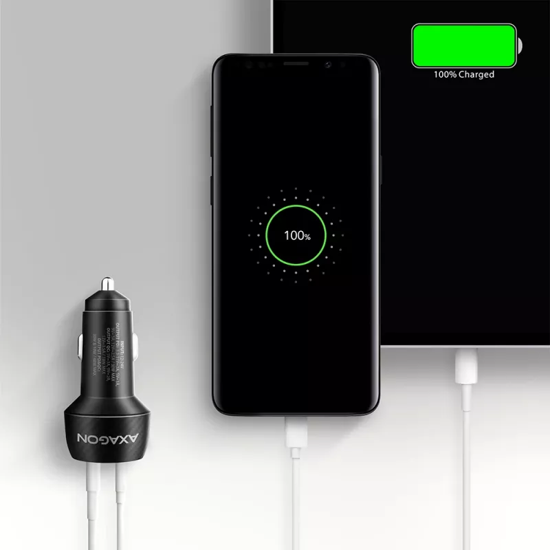 Auto-Ladegerät AXAGON PWC-PQ48, 48 W, USB-C (PD3.0) + USB-A (QC4+), Eingang 12–24 V, Schwarz
