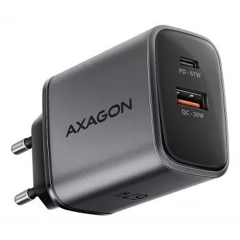 Netzteil AXAGON ACU-PQ67, 67W, PD3.0 + QC4+, 1x USB-C + 1x USB-A, 100–240V, grau/schwarz