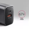 Netzteil AXAGON ACU-PQ67, 67W, PD3.0 + QC4+, 1x USB-C + 1x USB-A, 100–240V, grau/schwarz