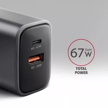 Netzteil AXAGON ACU-PQ67, 67W, PD3.0 + QC4+, 1x USB-C + 1x USB-A, 100–240V, grau/schwarz
