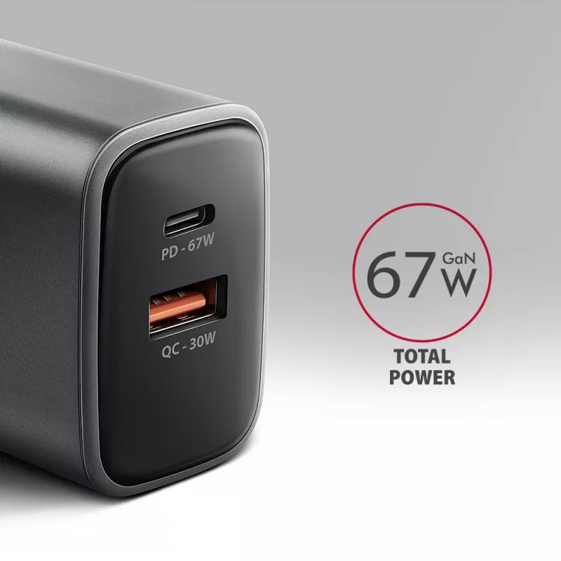 Netzteil AXAGON ACU-PQ67, 67W, PD3.0 + QC4+, 1x USB-C + 1x USB-A, 100–240V, grau/schwarz