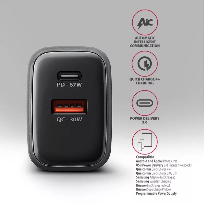 Netzteil AXAGON ACU-PQ67, 67W, PD3.0 + QC4+, 1x USB-C + 1x USB-A, 100–240V, grau/schwarz