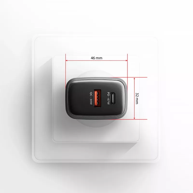 Netzteil AXAGON ACU-PQ67, 67W, PD3.0 + QC4+, 1x USB-C + 1x USB-A, 100–240V, grau/schwarz