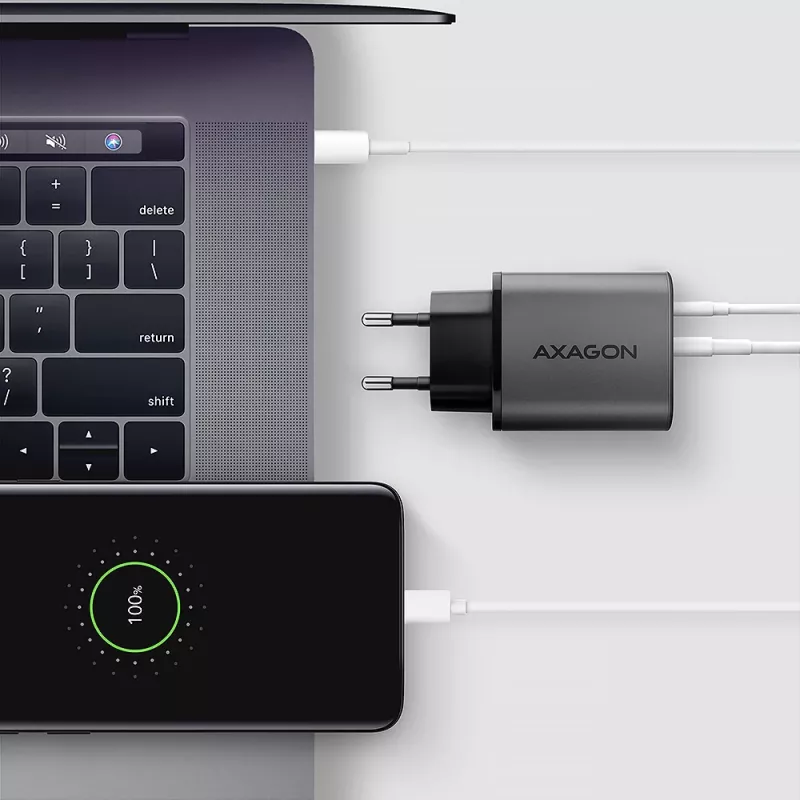 Netzteil AXAGON ACU-PQ67, 67W, PD3.0 + QC4+, 1x USB-C + 1x USB-A, 100–240V, grau/schwarz