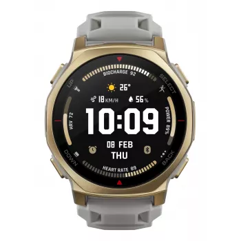Smartwatch Amazfit T-rex 3 Pro 44 mm, 1,32 Zoll AMOLED 466×466, 16 GB, 64 MB RAM, GPS, Wi‑Fi, wasserdicht bis 45 m, Goldgehäuse, Graues Silikonarmband