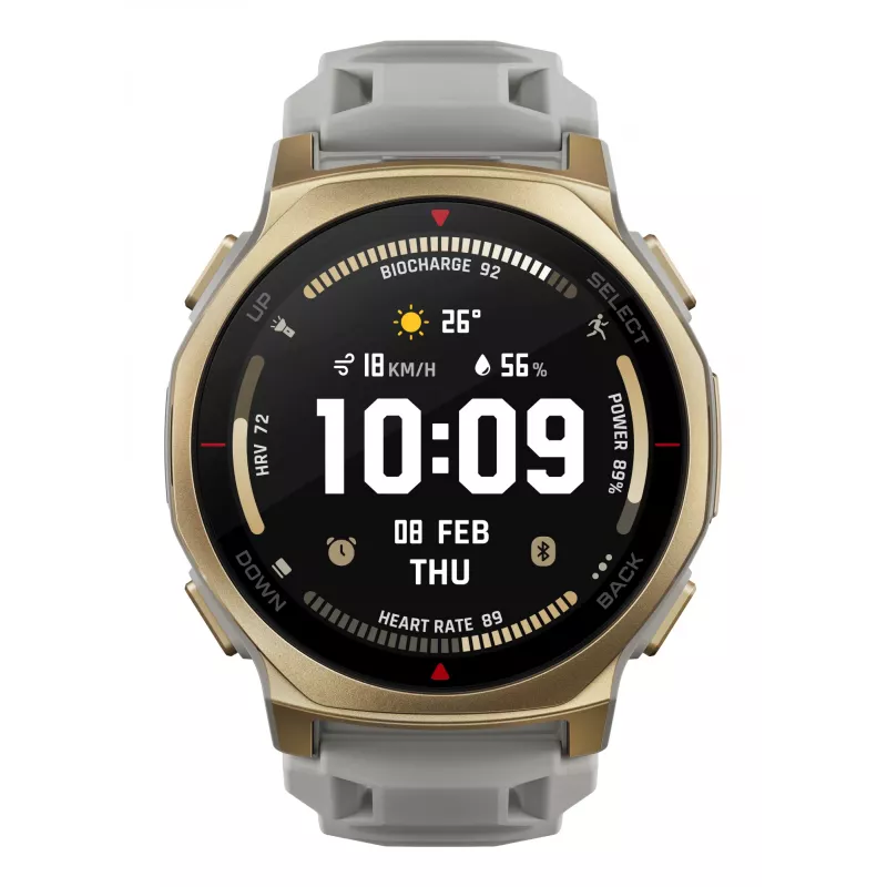 Smartwatch Amazfit T-rex 3 Pro 44 mm, 1,32 Zoll AMOLED 466×466, 16 GB, 64 MB RAM, GPS, Wi‑Fi, wasserdicht bis 45 m, Goldgehäuse, Graues Silikonarmband