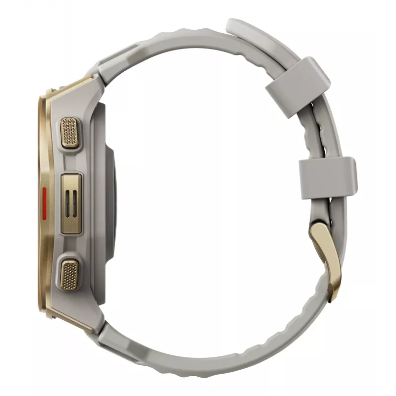 Smartwatch Amazfit T-rex 3 Pro 44 mm, 1,32 Zoll AMOLED 466×466, 16 GB, 64 MB RAM, GPS, Wi‑Fi, wasserdicht bis 45 m, Goldgehäuse, Graues Silikonarmband