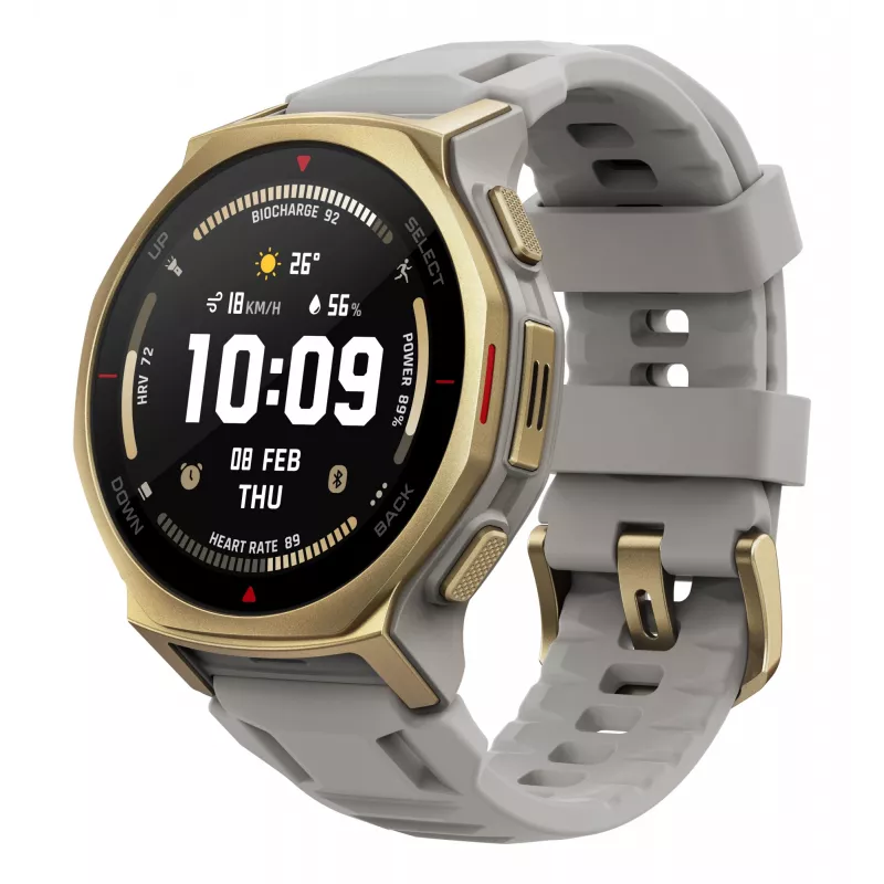 Smartwatch Amazfit T-rex 3 Pro 44 mm, 1,32 Zoll AMOLED 466×466, 16 GB, 64 MB RAM, GPS, Wi‑Fi, wasserdicht bis 45 m, Goldgehäuse, Graues Silikonarmband