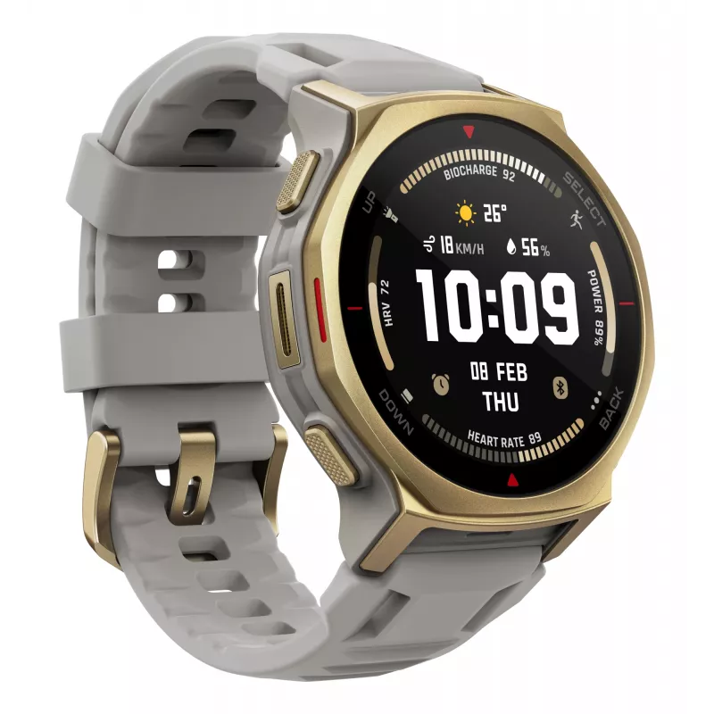 Smartwatch Amazfit T-rex 3 Pro 44 mm, 1,32 Zoll AMOLED 466×466, 16 GB, 64 MB RAM, GPS, Wi‑Fi, wasserdicht bis 45 m, Goldgehäuse, Graues Silikonarmband