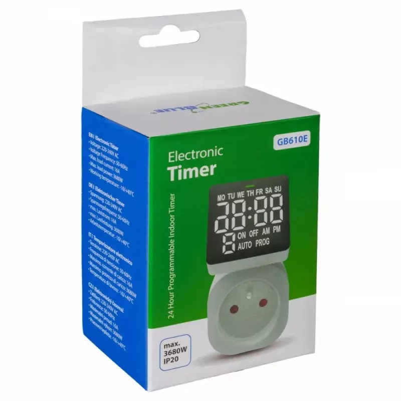 Digitale Zeitschaltuhr GreenBlue GB610E, max. Last 16A, IP20, programmierbare Ein-/Aus-Zyklen