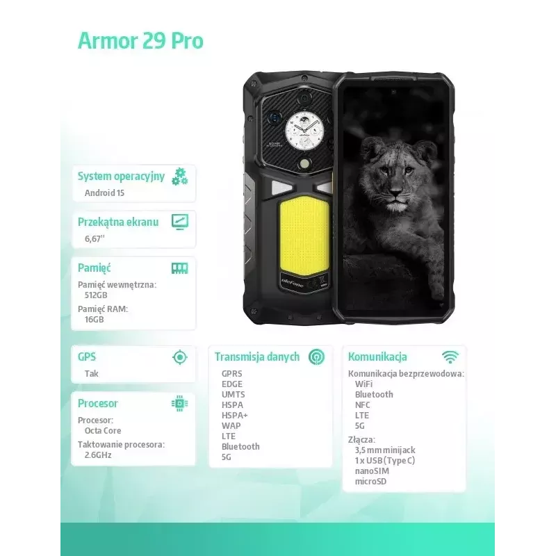 Smartphone UleFone Armor 29 Pro 5G 16/512GB Schwarz, robustes 5G, 16GB RAM, 512GB Speicher