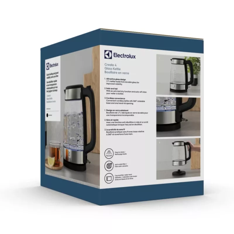 Electrolux E4GK1-4GB Wasserkocher 1,7 L 2200 W Schwarz, Edelstahl, Transparent