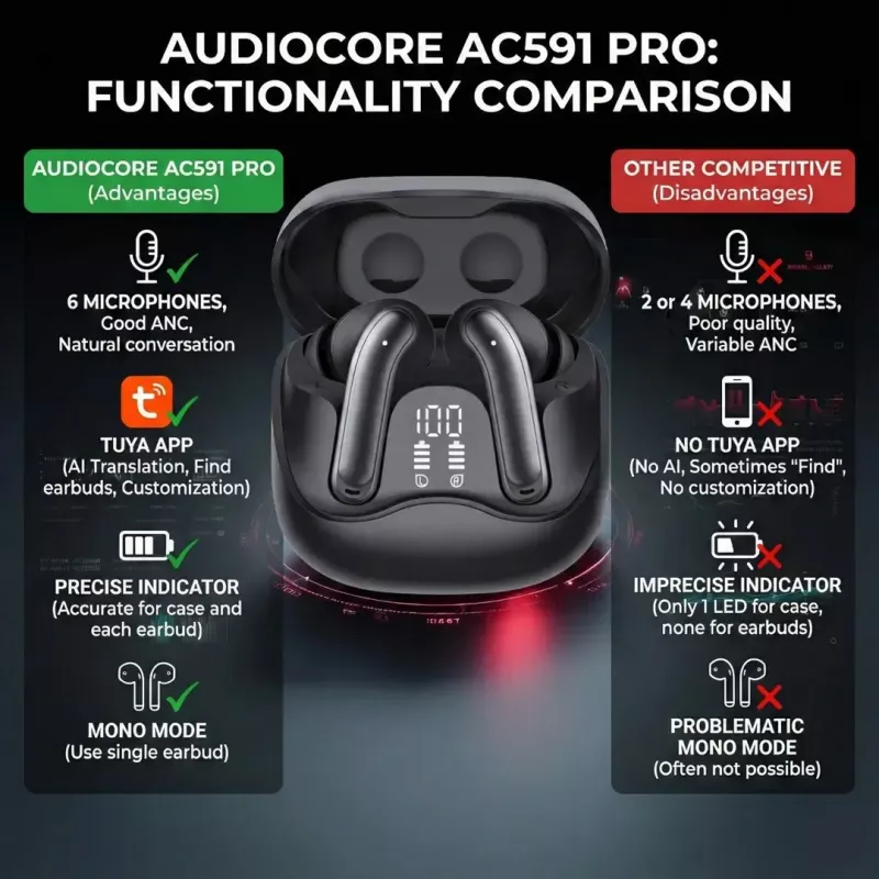 Kabellose In-Ear-Kopfhörer Audiocore AC591 PRO — hybrides ANC, ENC, 6 Mikrofone, USB‑C-Ladung, bis zu 9 Std. Wiedergabe, Tuya-kompatibel, schwarz