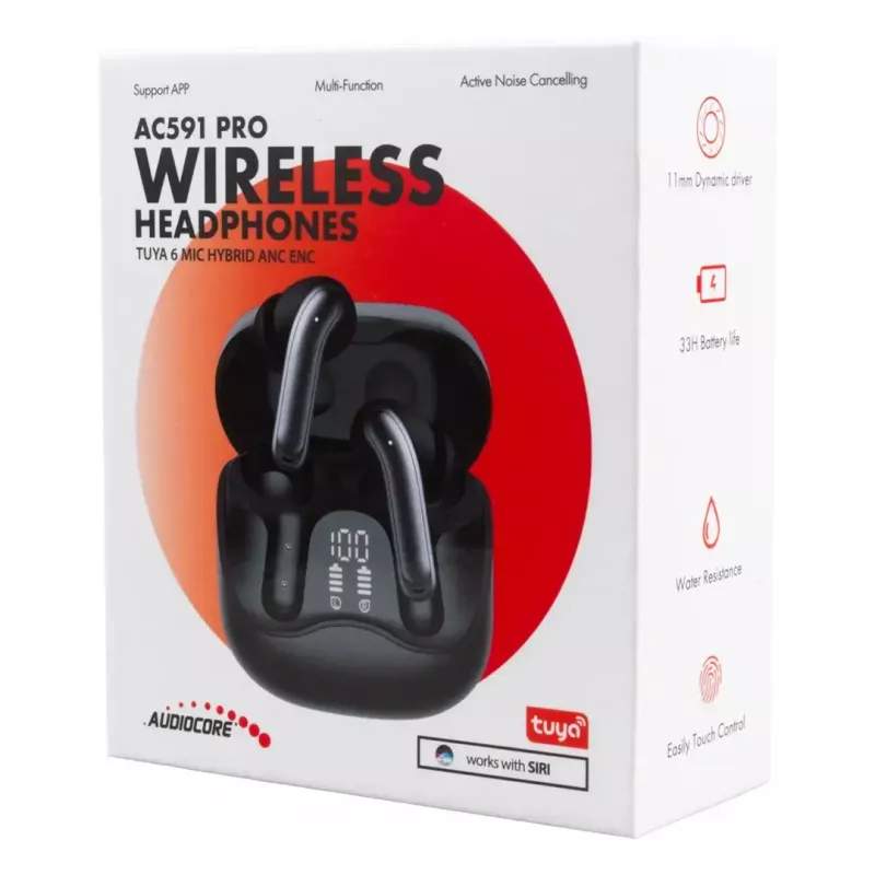 Kabellose In-Ear-Kopfhörer Audiocore AC591 PRO — hybrides ANC, ENC, 6 Mikrofone, USB‑C-Ladung, bis zu 9 Std. Wiedergabe, Tuya-kompatibel, schwarz