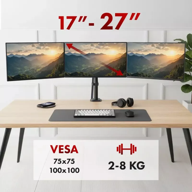Monitorhalterung MACLEAN MC-137 — Gasdruckfeder, für 3 Monitore 17 Zoll–27 Zoll, je 2–8 kg, schwarz