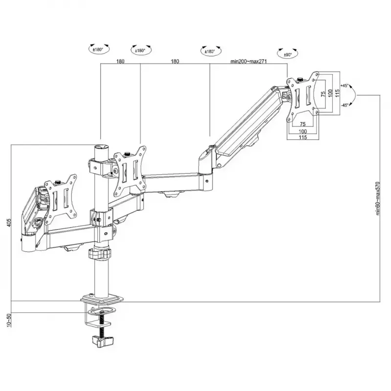 Monitorhalterung MACLEAN MC-137 — Gasdruckfeder, für 3 Monitore 17 Zoll–27 Zoll, je 2–8 kg, schwarz
