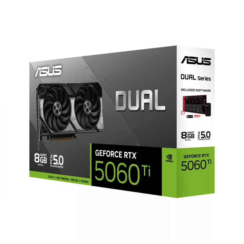 Grafikkarte ASUS GeForce RTX 5060 Ti Dual — 8 GB GDDR7, 128-Bit, PCIe 5.0, aktive Kühlung (2 Lüfter), max. 7680×4320