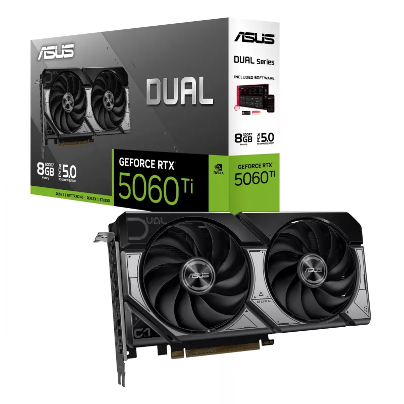Grafikkarte ASUS GeForce RTX 5060 Ti Dual — 8 GB GDDR7, 128-Bit, PCIe 5.0, aktive Kühlung (2 Lüfter), max. 7680×4320