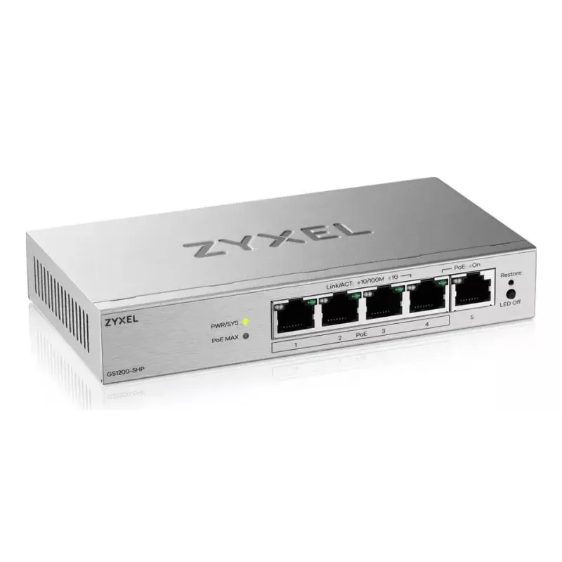 Managed L2 Gigabit PoE Desktop Switch Zyxel GS1200-5HPV3 — 5x Gigabit (10/100/1000), PoE, DC-in, 10 Gbit/s Switching-Kapazität