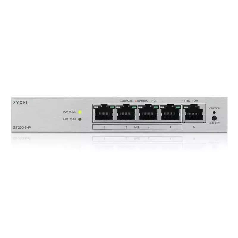 Managed L2 Gigabit PoE Desktop Switch Zyxel GS1200-5HPV3 — 5x Gigabit (10/100/1000), PoE, DC-in, 10 Gbit/s Switching-Kapazität