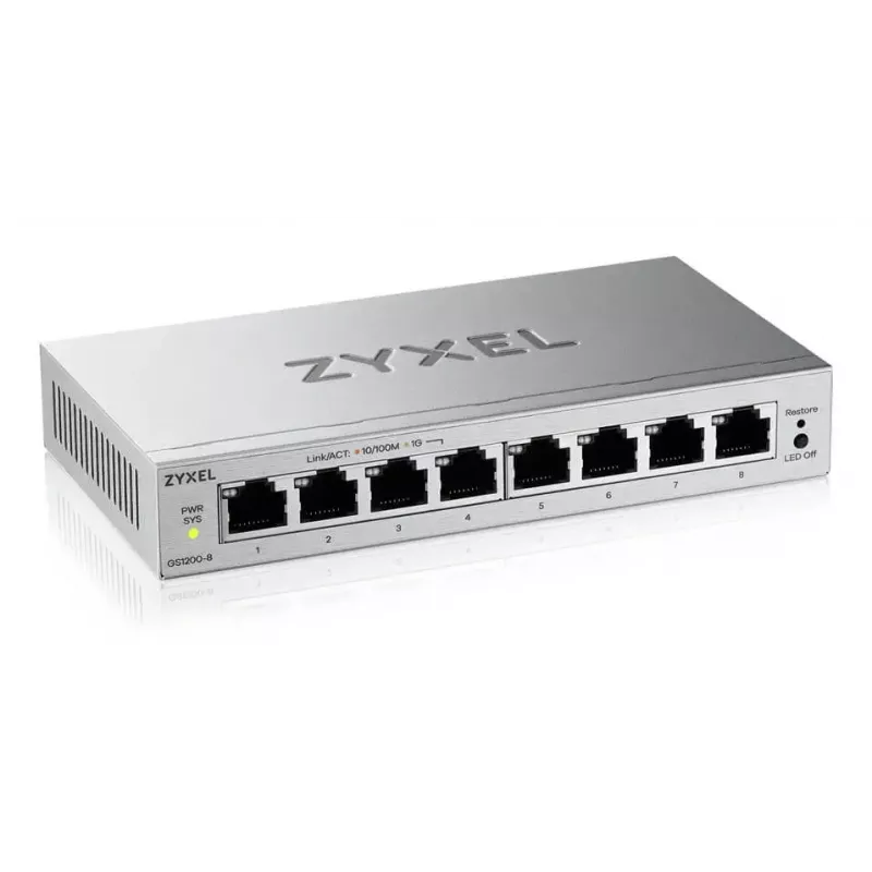 Managed L2 Gigabit Ethernet Switch Zyxel GS1200-8V3 — 8x RJ-45 10/100/1000, 16 Gbit/s, MAC 4000, Desktop, grau