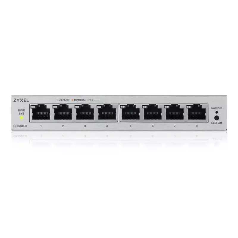 Managed L2 Gigabit Ethernet Switch Zyxel GS1200-8V3 — 8x RJ-45 10/100/1000, 16 Gbit/s, MAC 4000, Desktop, grau