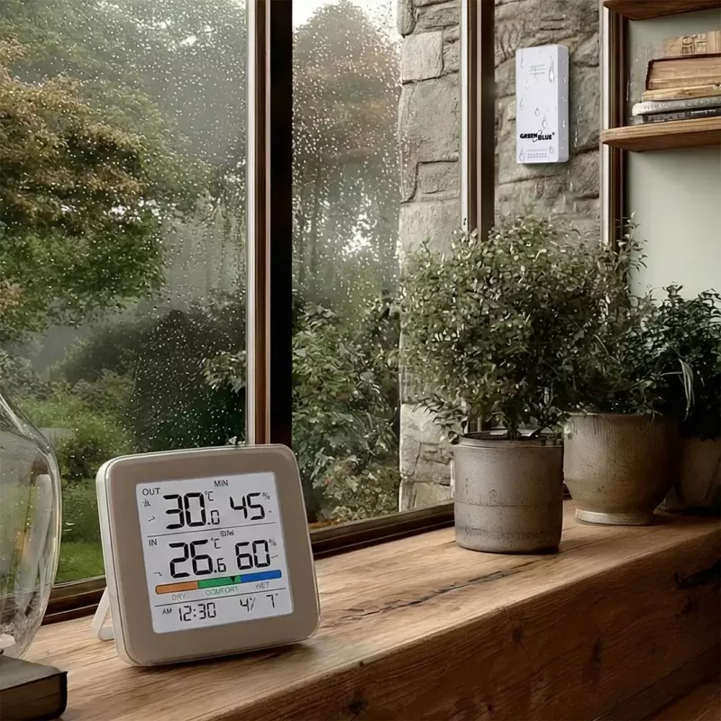 Funkwetterstation GreenBlue GB169 — Innen-/Außentemperatur & Luftfeuchtigkeit, Uhr, Alarm, Reichweite bis zu 60 m, °C/°F wählbar