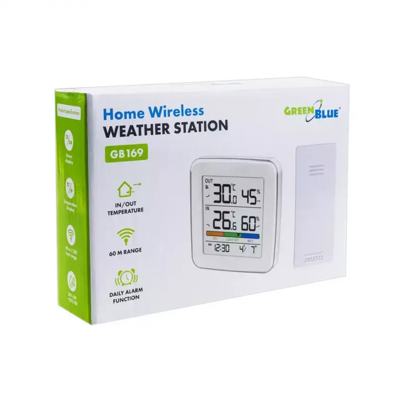 Funkwetterstation GreenBlue GB169 — Innen-/Außentemperatur & Luftfeuchtigkeit, Uhr, Alarm, Reichweite bis zu 60 m, °C/°F wählbar