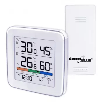 Funkwetterstation GreenBlue GB169 — Innen-/Außentemperatur & Luftfeuchtigkeit, Uhr, Alarm, Reichweite bis zu 60 m, °C/°F wählbar