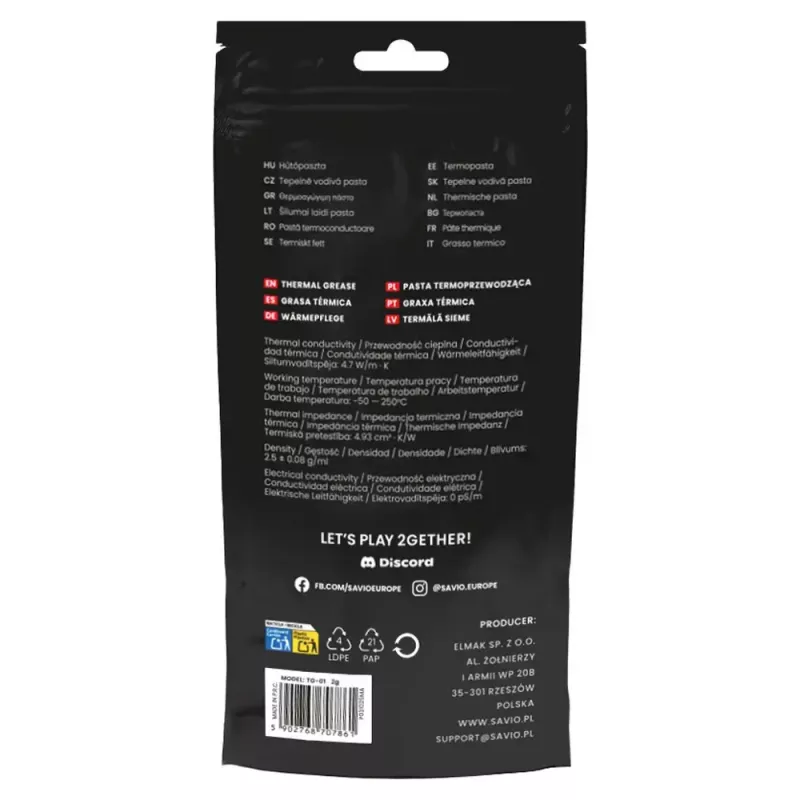 Wärmeleitpaste SAVIO TG-01 2G — Wärmeleitfähigkeit 4,7 W/m·K, 2 ml, grau/schwarz