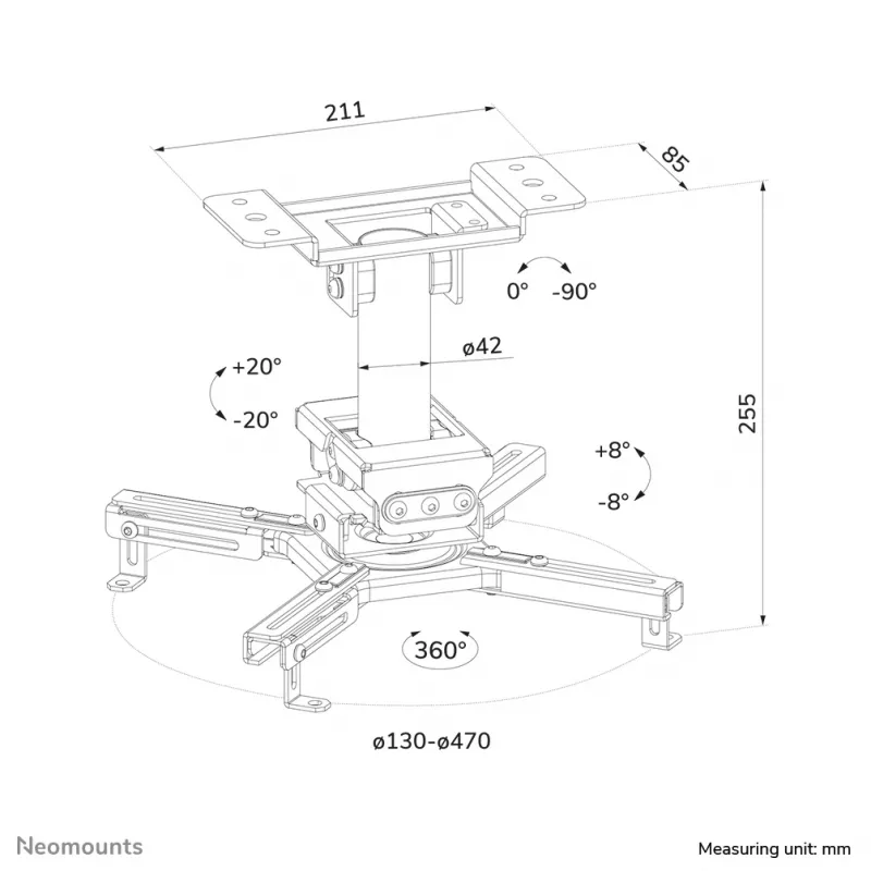 Deckenprojektorhalterung Neomounts CL25-530WH1 — voll beweglich, max. Belastung 45 kg, Höhe 25,5 cm, weiß