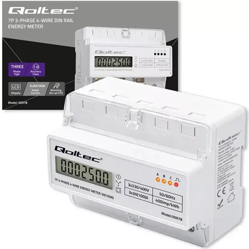Dreiphasen-Hutschienen-Energiezähler QOLTEC 50978 — 400 V, 100 A