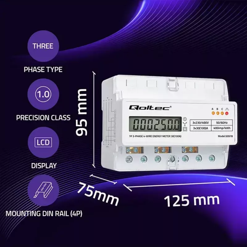 Dreiphasen-Hutschienen-Energiezähler QOLTEC 50978 — 400 V, 100 A